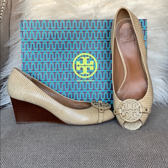 Tory Burch Shoes - Tory Burch Snake Print Peep-toe Wedges